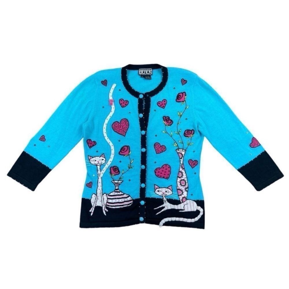 Vintage berek baby blue and black 3/4th sleeve cat cardigan